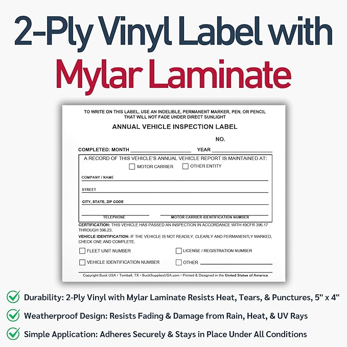 5 Pack 3-Ply Carbonless Annual Vehicle Inspection Report Forms with FMCSA Red Aluminum Labels & White Mylar Laminate Vinyl Labels, DOT Inspection Forms and Stickers, Shrink-Wrapped, 8.5" x 11.75"