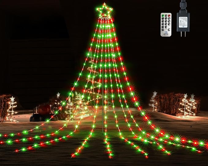 BlcTec Outdoor Christmas Decorations, 352 LED Christmas Star Lights with 9 Strands 11.7ft Waterfall Christmas Tree Lights, 8 Modes, Waterproof, Timer for Yard Patio Xmas Décor, Flowing Red and Green