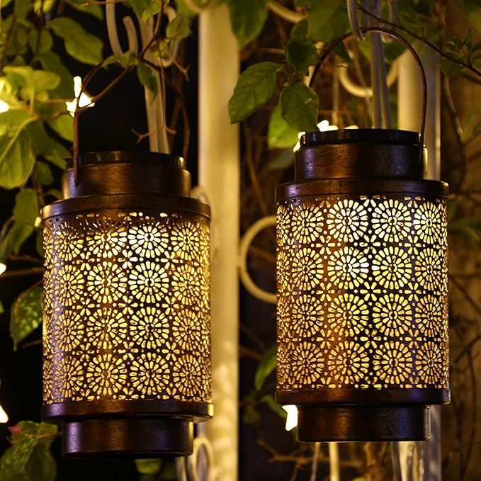 2 Pack Solar Lanterns Outdoor Waterproof, Hanging Led Lantern Garden Decorative, Metal Decorative Garden Lights, Solar Outdoor Lights Decor for Table Patio Garden Yard Pathway, Bronze, T00012