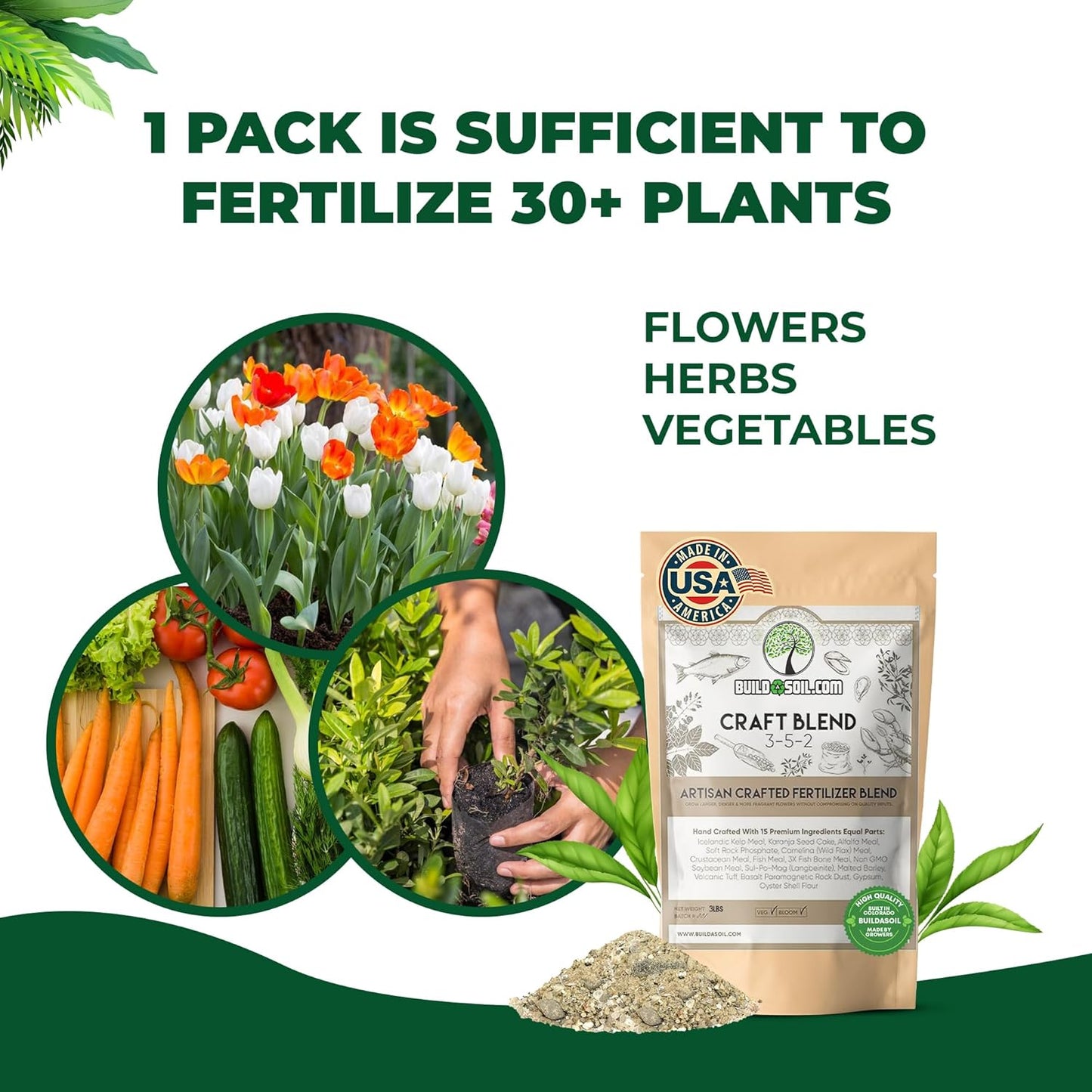 BuildASoil Fertilizer for Vegetable Garden and Ogranic Plant Food | Hand-Crafted Organic Fertilizer with 15 Premium Ingredients | Ensures Larger Plants and More Fragrant Flowers (44 LB - Large Bag)