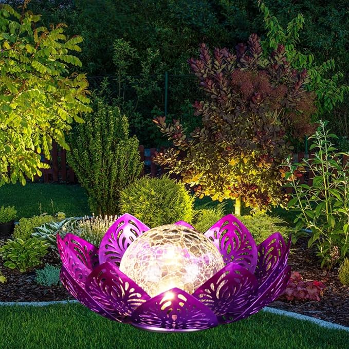 12 inches Solar Lights Outdoor Garden, Crackle Globe Glass Lotus Decoration, Waterproof LED Metal Flower Lights for Patio,Lawn,Walkway,Tabletop,Ground Gardening Gifts (Purple Hollow)