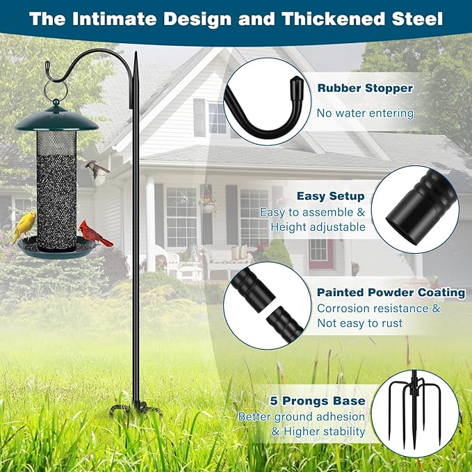 Gtongoko Adjustable 47 inch Shepherds Hooks for Outdoor Bird Feeder with 5 Prongs, Bird Feeder Pole Garden Hooks for Hanging Lanterns, Plants Baskets, Hummingbird Feeders, 1 Pack