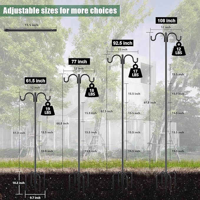 Gtongoko Double Shepherds Hook for Outdoor, 2 Pack 77 Inch Heavy Duty Bird Feeder Pole 3/4 Inch Thick Garden Hooks for Hanging Hummingbird Feeder, Plant Baskets, Solar Light Lanterns