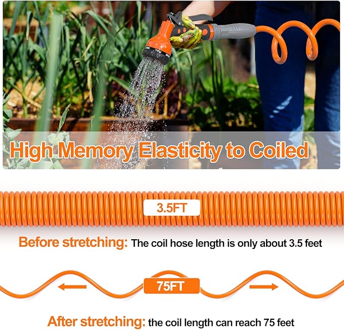 3/8” Lightweight Coil Garden Hose 75 FT, EVA Retractable Curly Water Pipe with 6-Pattern Spray Nozzle for Boat, Greenhouse, Yard, Patio (Orange)