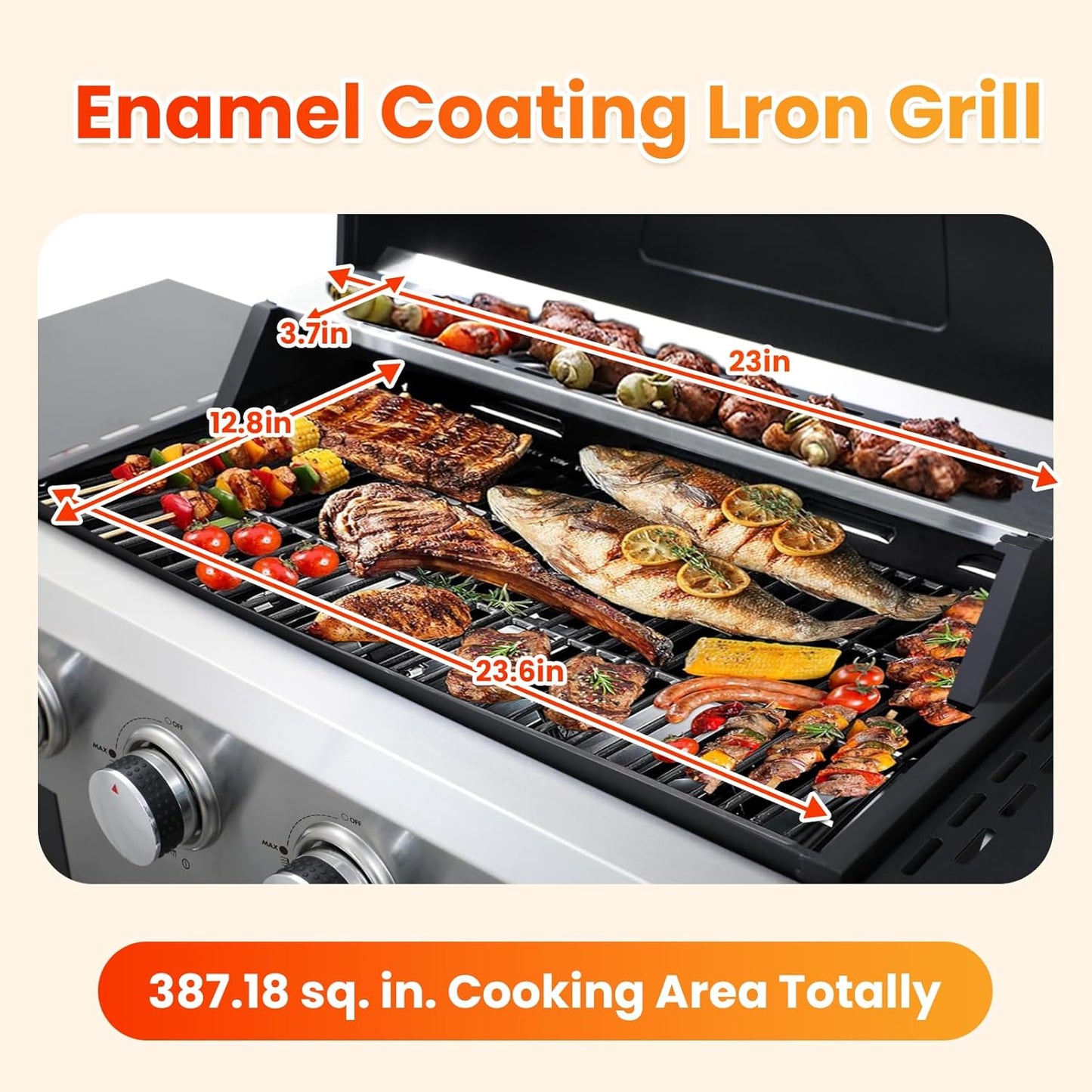 4-Burner Propane Gas BBQ Grill with Porcelain-Enameled Cast Iron Grates, 2 Foldable Side Table, 34,200 BTU Stainless Steel Grill for Outdoor Camping Barbecue Grilling Backyard Cooking