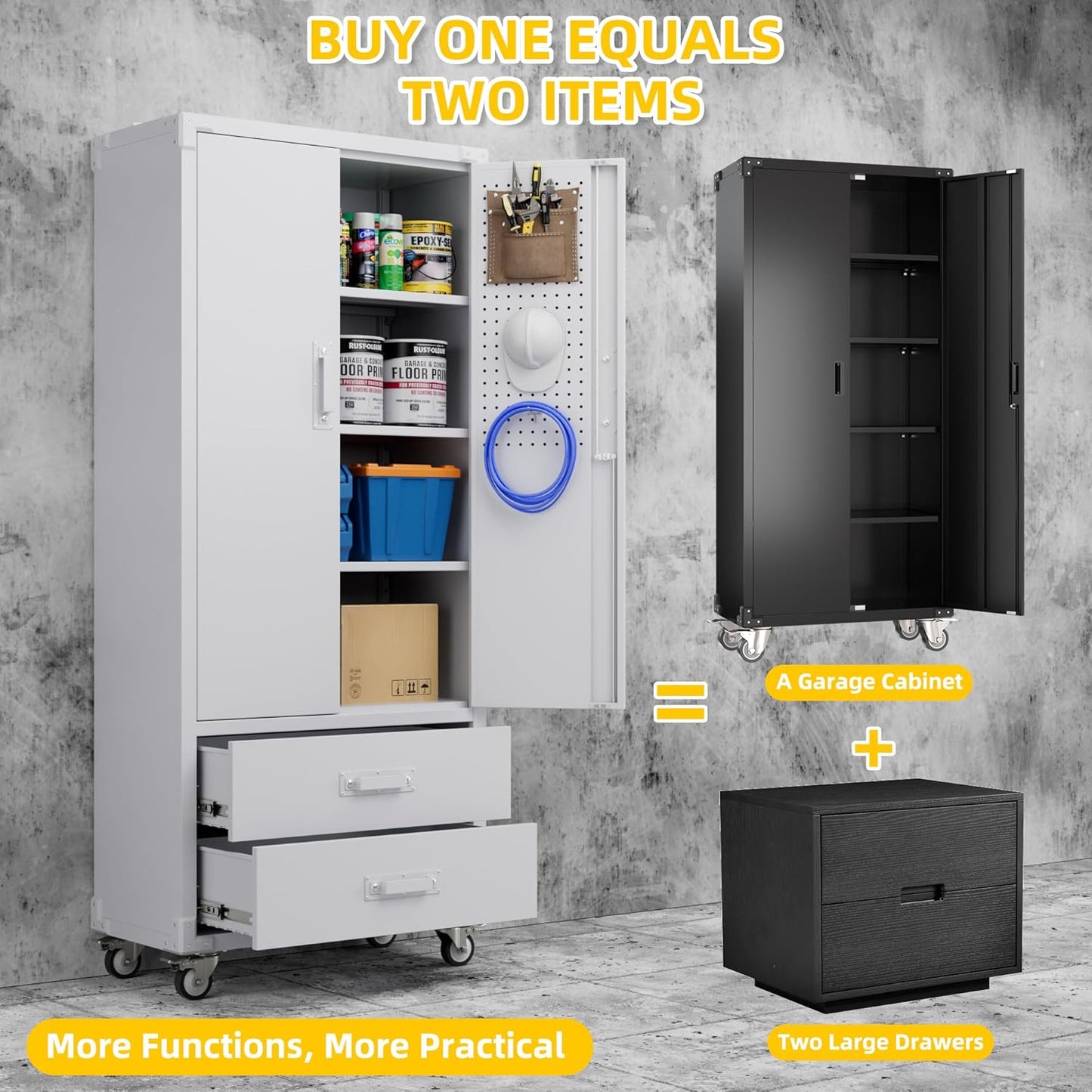 Aobabo 2 Large Drawer Metal Storage Cabinet with Wheels, Lockable Steel Storage Cabinet with 3 Adjustable Shelves with 6 Hooks for Home, Office, Garage, Classroom, White, Assembly Required