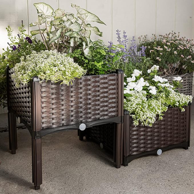 Barton 2 Pieces Raised Garden Bed Brown Plastic w/Self-Watering Design Outdoor Elevated Planter Box Kit Wheels Mobile