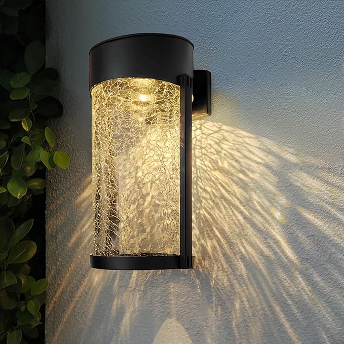 2PK Solar Outdoor Wall Lights with Crackle Glass Shade, Porch Fence Exterior Light Fixture Solar Powered Wall Scones