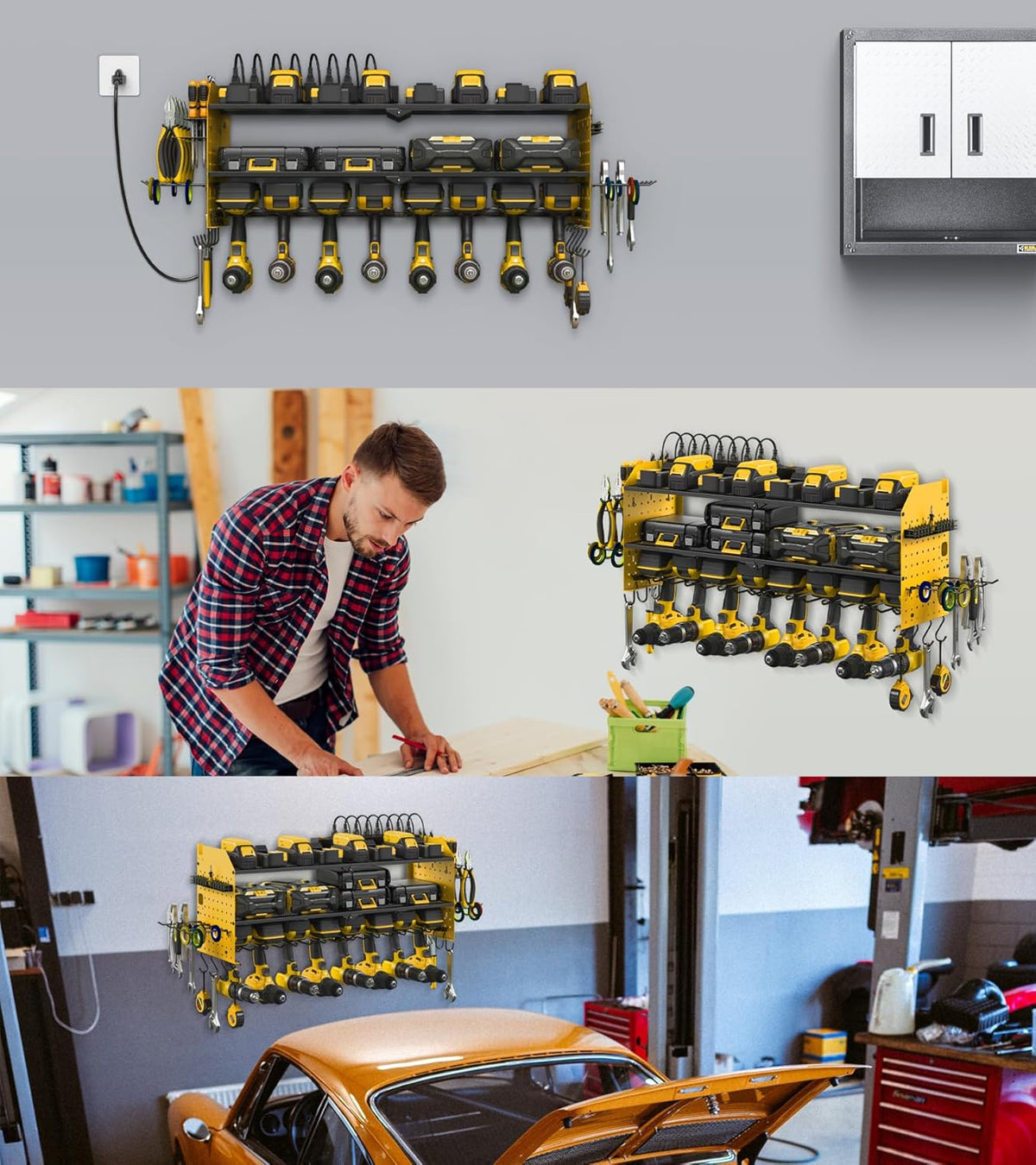 JUNNUJ Large Pegboard Power Tool Organizer with Charging Station, 8 Drills Driver and Tools Battery Holder Wall Mount with 8 Outlet Power Strip, Yellow 3-Layer Shop Garage Storage Utility Rack