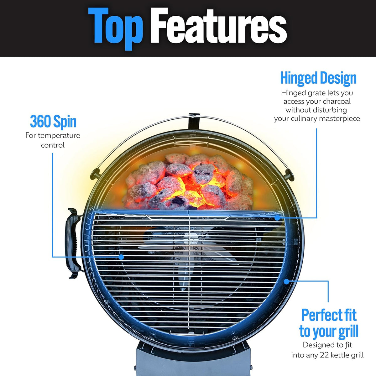 SnS Grills EasySpin Charcoal Grill Cooking Grate, 304 Stainless Steel, Large Hinged Opening, Perfect for 2-Zone Cooking, Replacement Grate Compatible with Weber & Other Grills - Fits 22” Kettles
