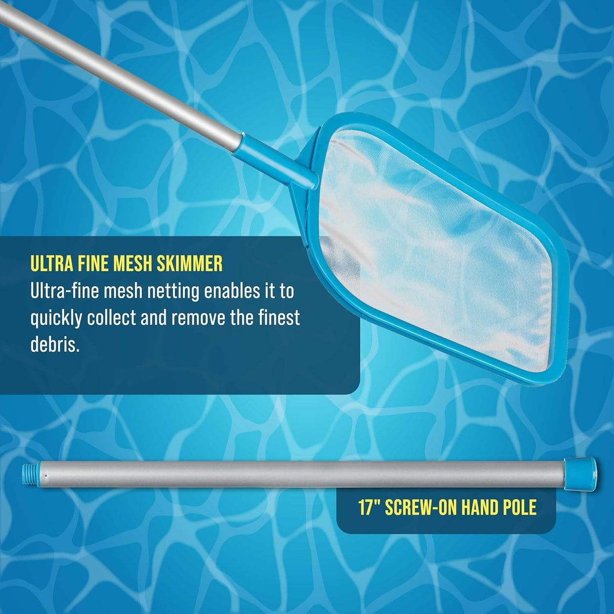 U.S. Pool Supply Pool Skimmer Net with Pole, Handheld Ultra Fine Mesh Pool Skimmer Net - Hand Held Spa, Hot Tub, Pond Cleaning - 17" Pole, Leaf Netting, Scoop Skim Leaves & Debris, Clean Water Surface