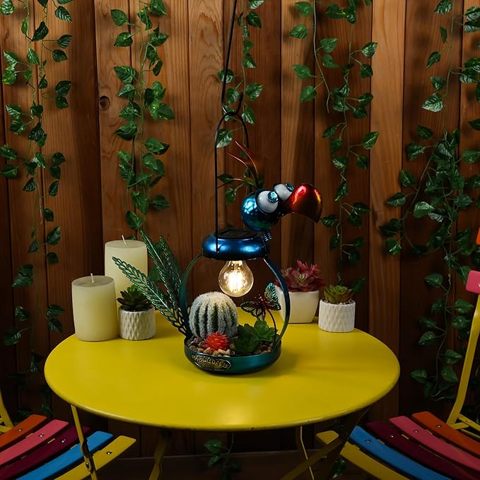 Alpine Corporation LYT290SLR-HH Solar-Powered Metal Flamingo with Garden Enclosed LED Light, Solar Patio Decor, 16''H, Blue