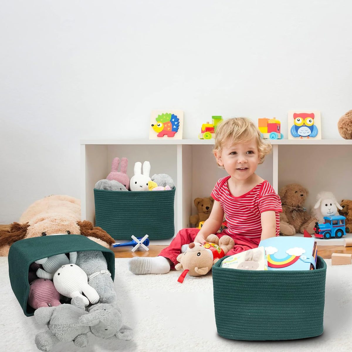 Cotton Rope storage Basket Bins14.5X9.5X9.3“ Basket for Organizing Shelves Rectangle Decorative Baskets For storage Clothes Toys Books Towels Square Wicker Nursery basket organizer 3 pack Dark green