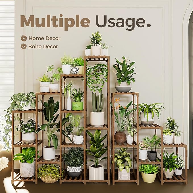 Bamworld Corner Plant Stand Indoor Large Plant Shelf Tall Outdoor Plant Holder Wood for Multiple Plants Hanging Plant Rack for Living Room Garden Balcony