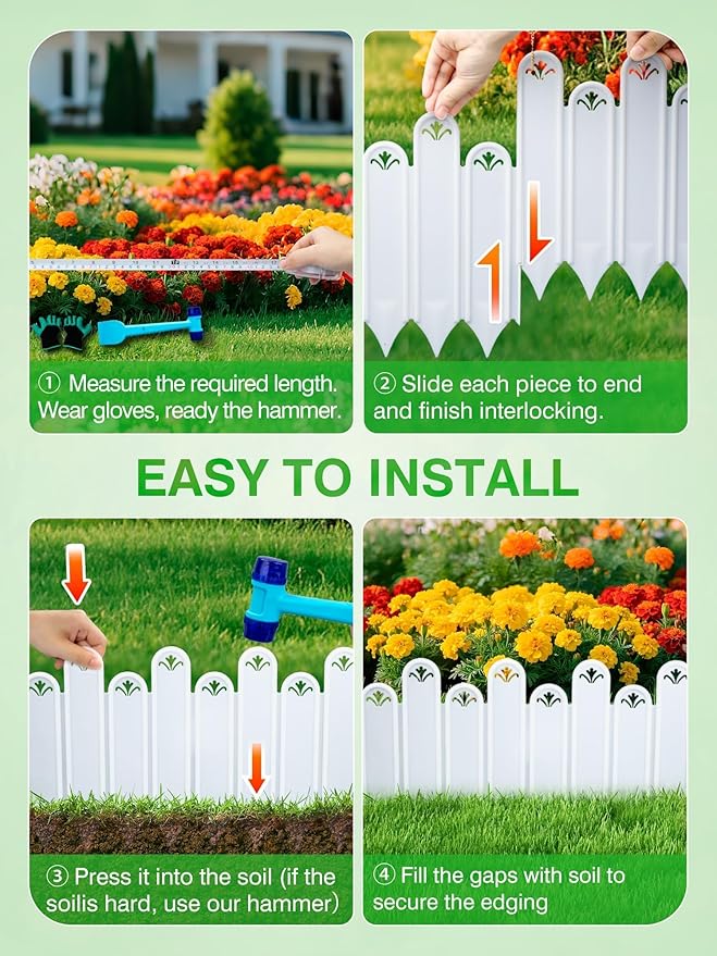 20PCS White Garden Edging Borders, 9.76" H Plastic Fences Edging with Hammmer Shovel Gloves, 13.6Ft Decorative Interlocking Landscape Edging, Flexible Flower Bed Border for Patio