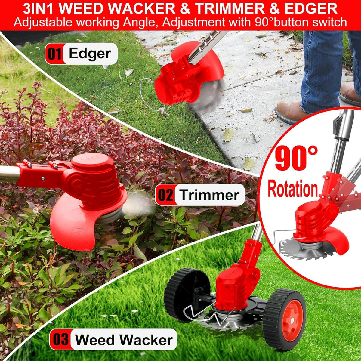 Cordless Weed Wacker, Electric Grass Trimmer 21V 4.0Ah Battery Powered Weed Trimmer, 3 in 1 Stringless Lightweight Brush Cutter/Edger/Mower with 4 Types Blade & Wheels for Garden and Yard Lawn