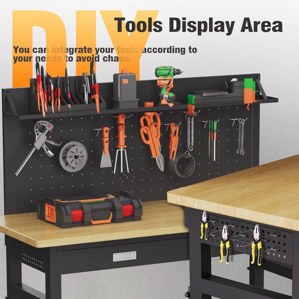 TITIMO 60" Adjustable Workbench with Drawers, Work Benches for Garage with Pegboard, 2000 LBS Heavy Duty Rubber Wood Tabletop with Power Outlet, Rolling Work Table with Wheels for Workshop, Office