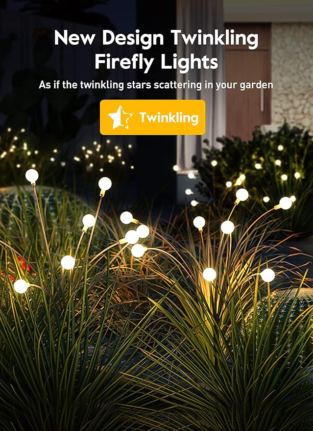 Brightown Solar Garden Lights - 4 Pack 12 LED Firefly Lights, Sway by Wind, Waterproof, Warm White