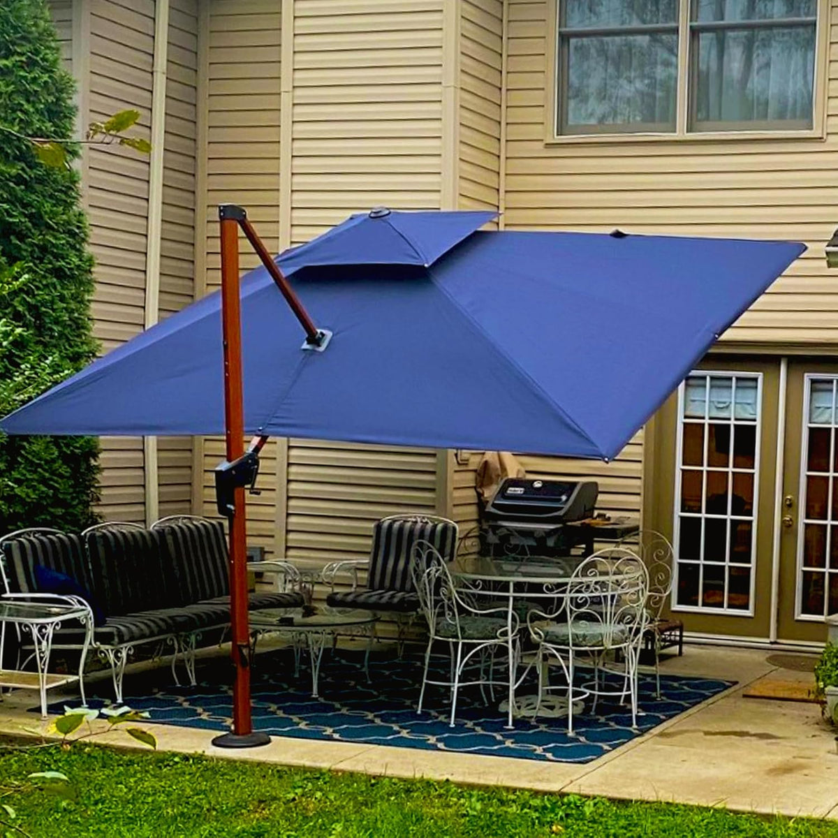 PURPLE LEAF 10' X 13' Double Top Deluxe Wood Pattern Rectangle Patio Umbrella Offset Hanging Umbrella Outdoor Market Umbrella Garden Umbrella, Navy Blue