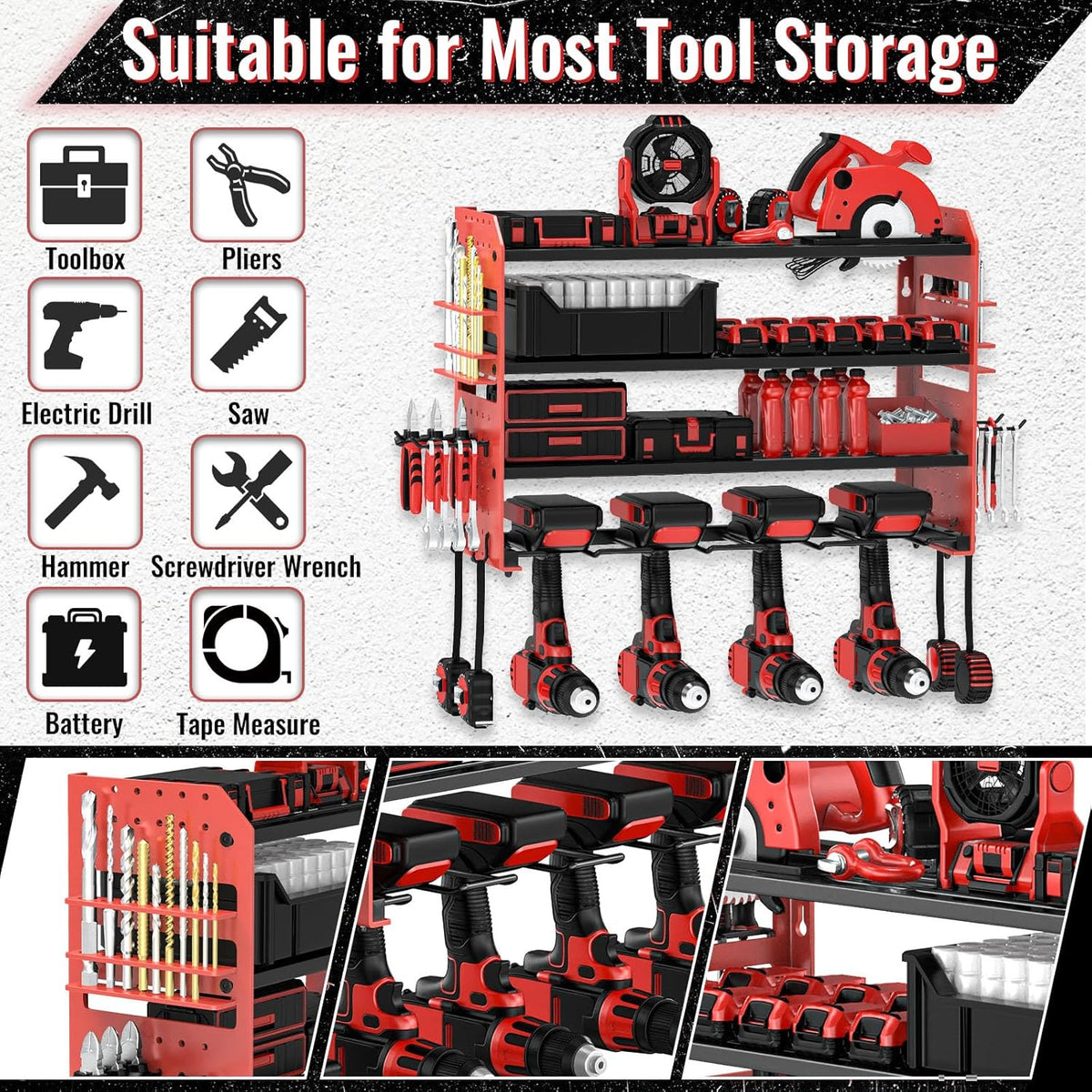 Power Tool Organizer Wall Mount, Red Metal Power Tool Storage Rack with Screwdriver Holder, Garage Tool Storage Shelves with Screwdriver Holder Plier Holder (Red, 4 Drills Holder)