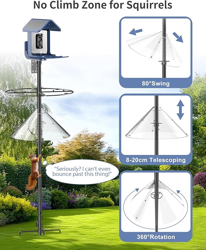 Bird Feeder Pole with Squirrel Baffle - 90 Inch Bird House Pole with Semicircular Hook for Outdoors, Squirrel Proof Baffle with Stainless Steel Spring for Better Defense, Slip-Fit Connection