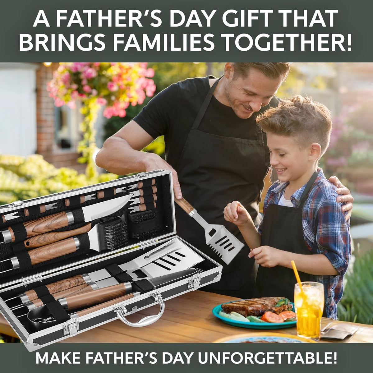 Kaluns Grilling Accessories, Dad Gifts for Christmas Grilling Gifts, Heavy Duty Stainless Steel BBQ Grill Tools Set for Outdoor Grill with Aluminum Case and Apron, Dad Birthday Gifts for Men Husband