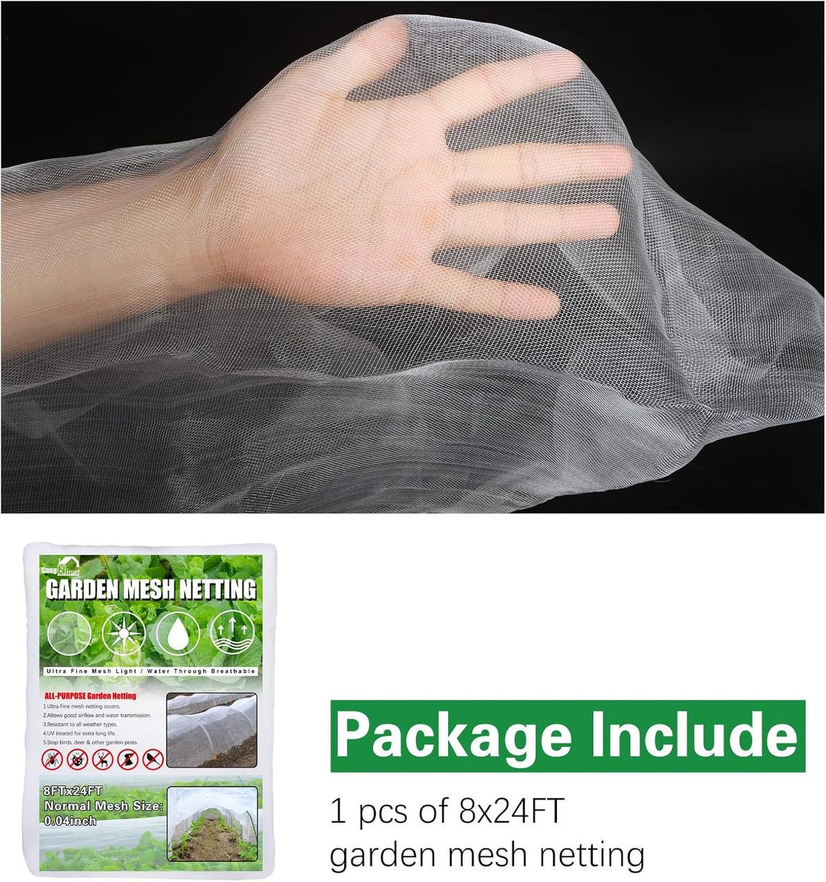 SnugNiture Garden Netting 8x24FT Ultra Fine Mesh Mosquito Netting Plant Covers, White Bird Netting Barrier Greenhouse Row Cover Protect Fruits Flower Vegetables from Birds Deer & Squirrels
