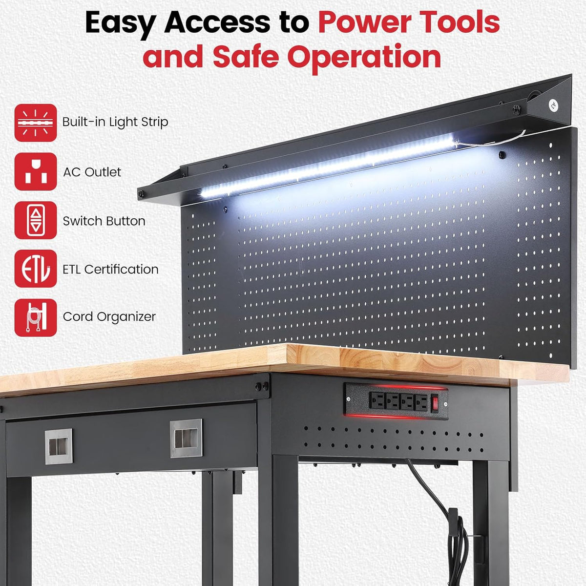 Workbench with Wheels 60 Inch Heavy Duty Rubberwood Tabletop Work Bench for Garage Adjustable Height Work Table with Pegboard, Drawers, Power Outlets for Woodworking, Home, Office, Workshop