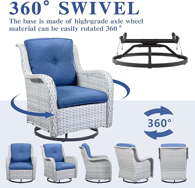 4 Pieces Patio Furniture Sets, Wicker Patio Swivel Glider Chair with Ottomans, Outdoor Furniture Set for Outside Porch Deck Balcony, Light Grey