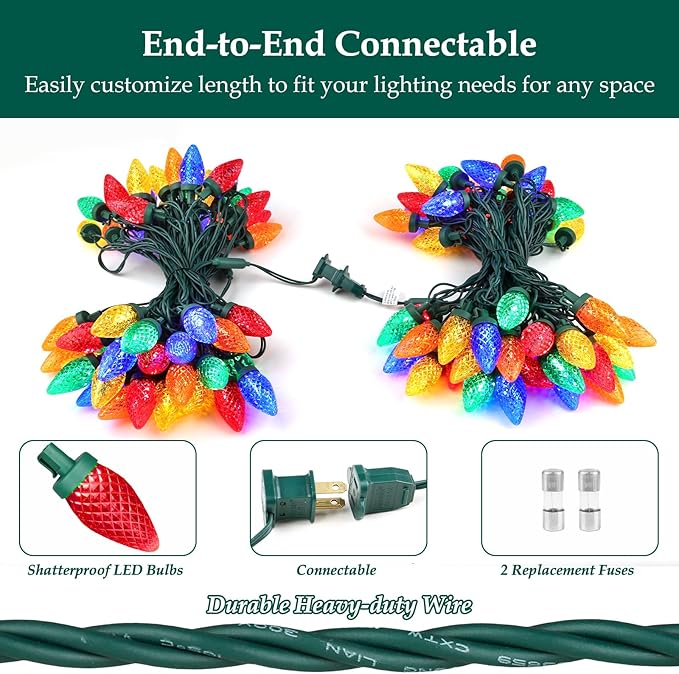 C9 LED Christmas Lights, 134FT 200 Bulbs Outdoor Christmas Decorations for House Waterproof String Lights Extendable Green Wire Fairy Lights for Patio Xmas Garden Party Wedding Indoor Multicolor