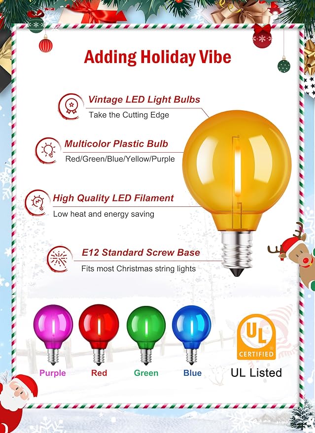 Brightown 25 Pack Multicolor G40 LED Christmas Replacement Light Bulbs, UL Listed, 1 Watt E12/C7 Candelabra Base Plastic Shatterproof LED Globe Edison Bulbs, Easily Screw in Strings Spools Strands
