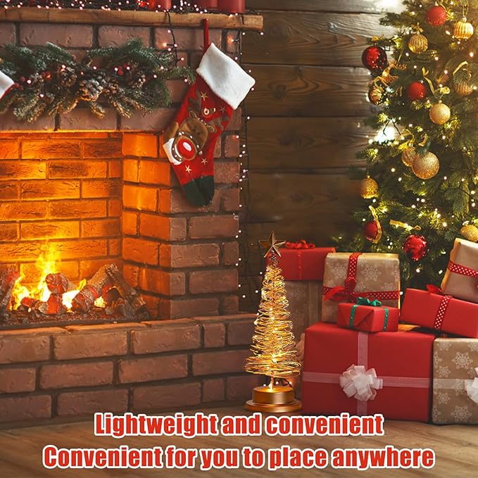 Christmas Tree Lamp, Spiral Christmas Tree with Glittering Star, AA Battery Operated Gold Christmas Tree Light with Metal Stand for Christmas Table Decoration（Batteries not Included）