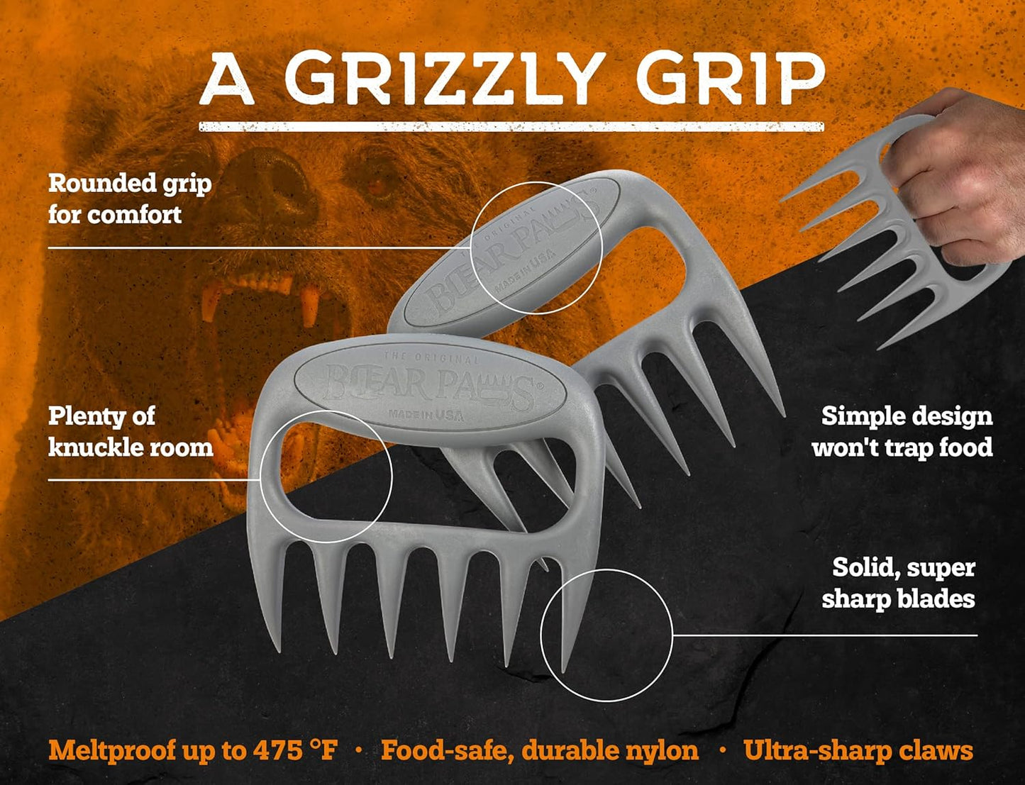 Bear Paws Meat Claws - The Original Meat Shredder Claws for Pulled Pork, USA Made - Easily Lift, Shred, Pull and Serve Pork, Chicken, Brisket and Turkey - Gift for Dad on Father's Day! (Gray)