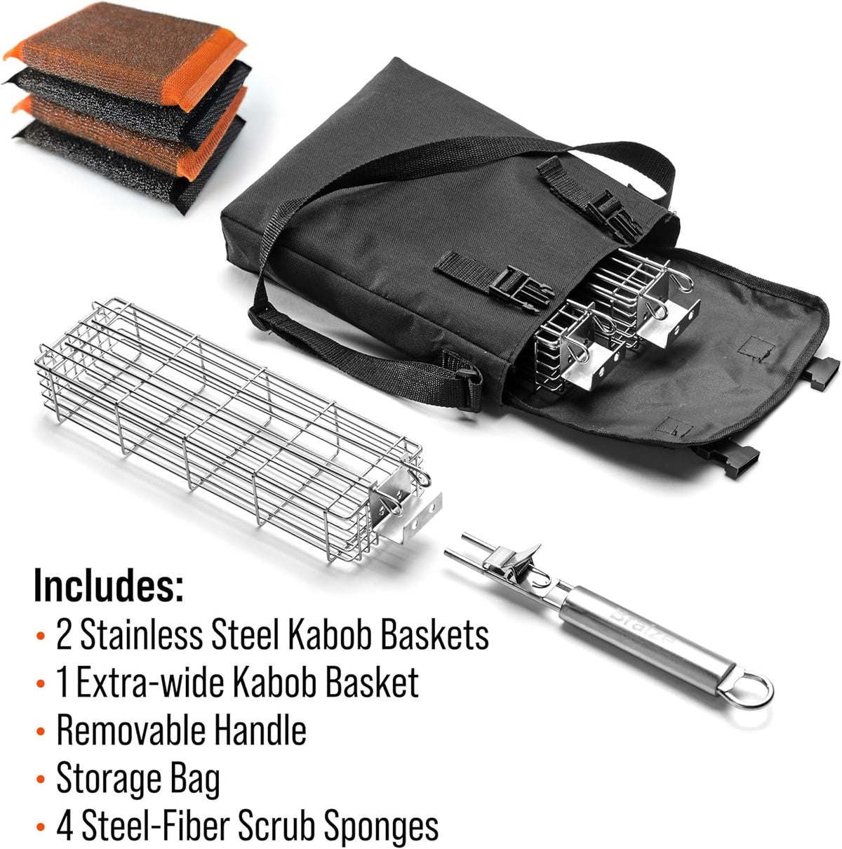 Large Grilling Basket Set – 3 Stainless Steel Kabob Baskets with Removable Handle & Scrubber Sponge – Heavy-Duty Grill Accessory for Veggies, Meat & More