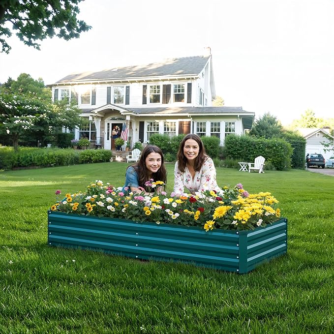 2Pcs Raised Garden Bed - 2 Pack Large Metal Planter Boxes for Vegetables, Flowers, and Herbs - Includes 2 3ft x 30ft Weed Barrier Fabric and 1 Pair of Gloves - Green (8x4x1ft, 2pcs)