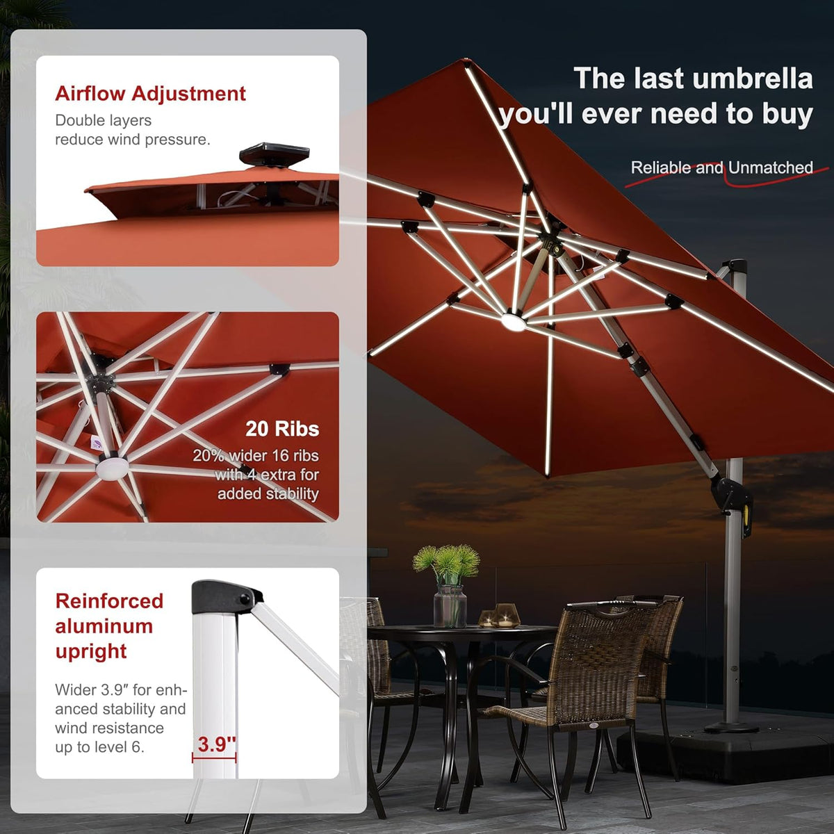 PURPLE LEAF 9 Feet Double Top Deluxe Solar Powered LED Square Patio Umbrella Offset Hanging Umbrella Outdoor Market Umbrella Garden Umbrella, Brick Red