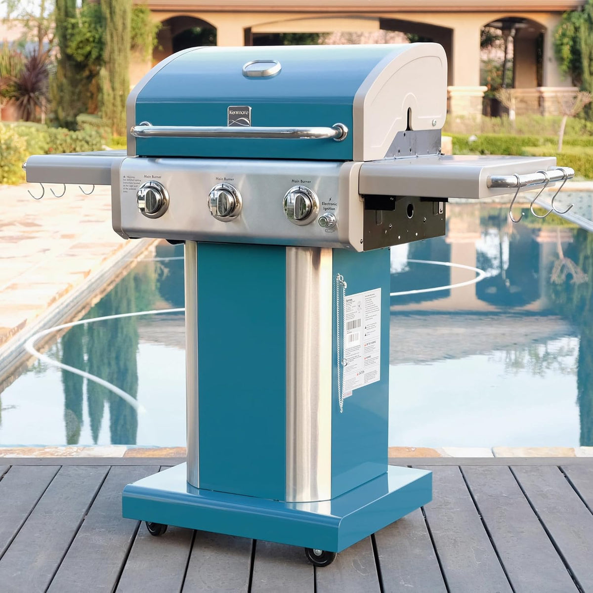 Kenmore 3-Burner Propane BBQ Grill, 30,000 BTUs Gas Grill with Cast Iron Cooking Grates, Folding Side Tables & Wheels, Outdoor Grill with Tool Hooks, Teal