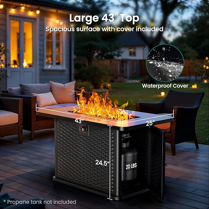 Ciays 43-Inch Rectangular Propane Fire Pit with 60,000 BTU Output, Gas Fire Pit with Cover and Rocks, Fire Pit Table CSA-Certified 2 in 1 Table Gatherings Parties with 304 Stainless Steel H-Burner