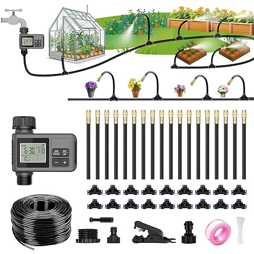 60FT Drip Irrigation System with Water Timer – Automatic Garden Watering Kit with 360° Bendable Hose & Adjustable Nozzles, Smart Irrigation System for Greenhouse, Lawn, Yard & Plants