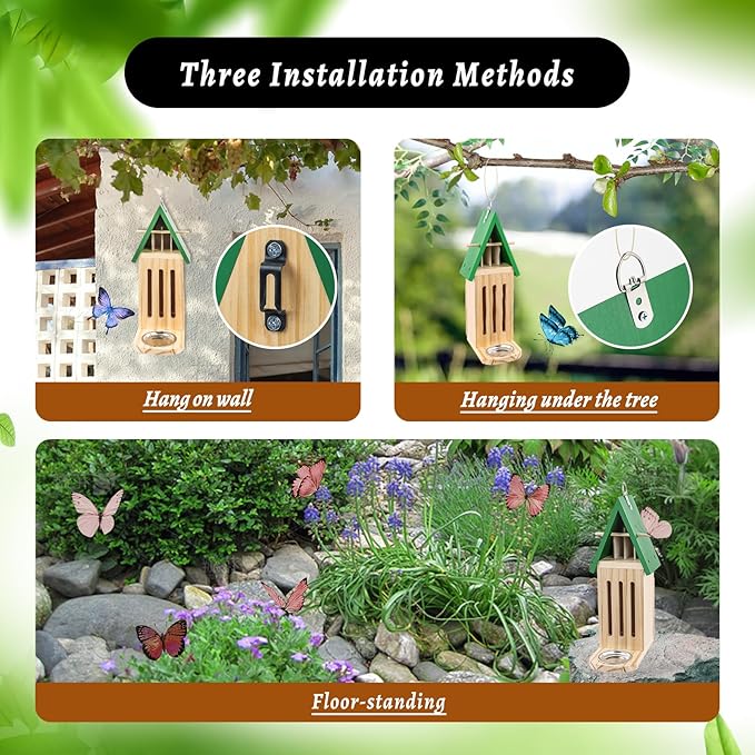Butterfly House and Feeder for Outside, Wooden Butterfly House for Garden, Natural Butterfly Habitat with Butterfly Puddler on The Floor or Hanging on Tree Wall
