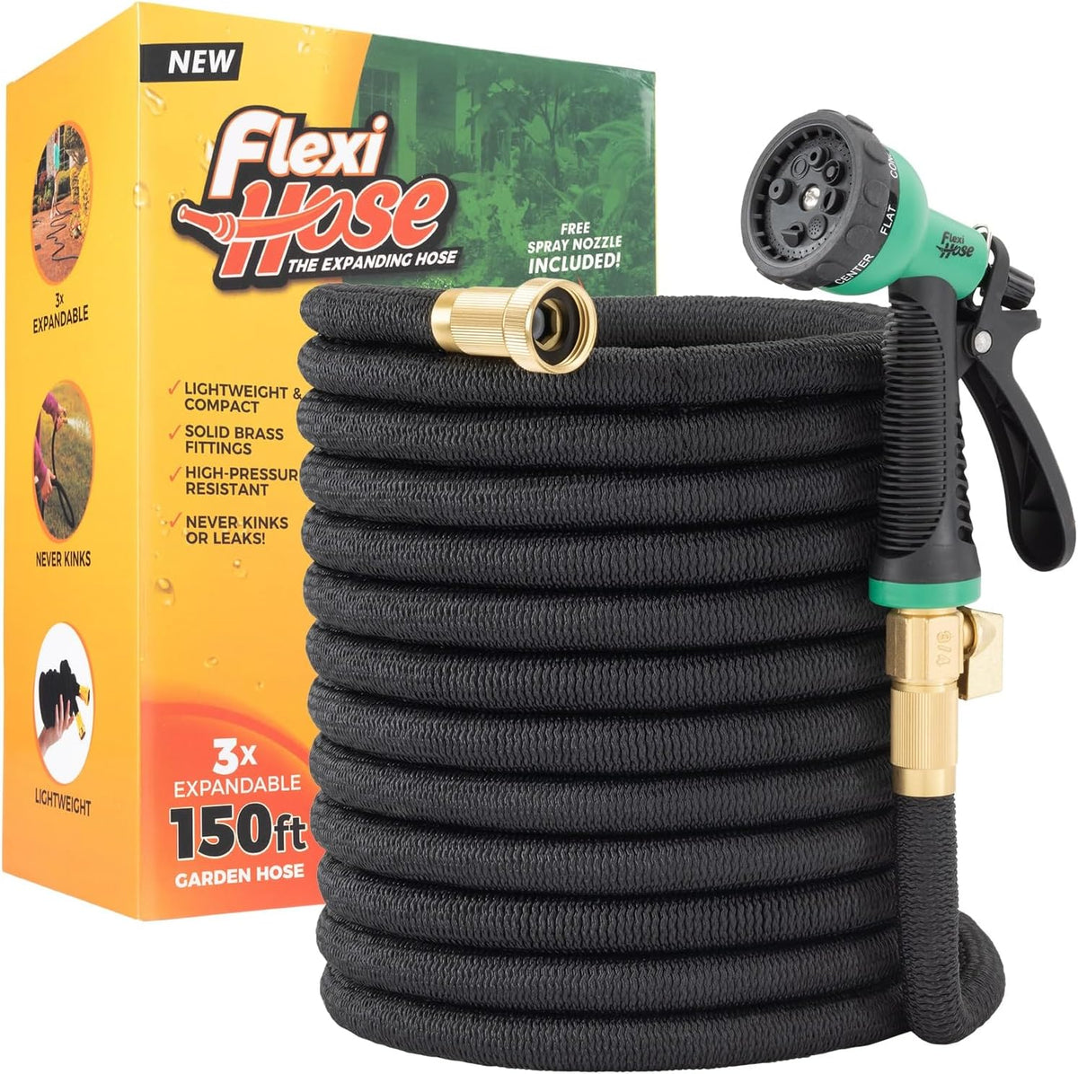 Flexi Hose with 8 Function Nozzle, 150FT - Lightweight Expandable Garden Hose, No-Kink Flexibility, 3/4 Inch Solid Brass Fittings and Double Latex Core