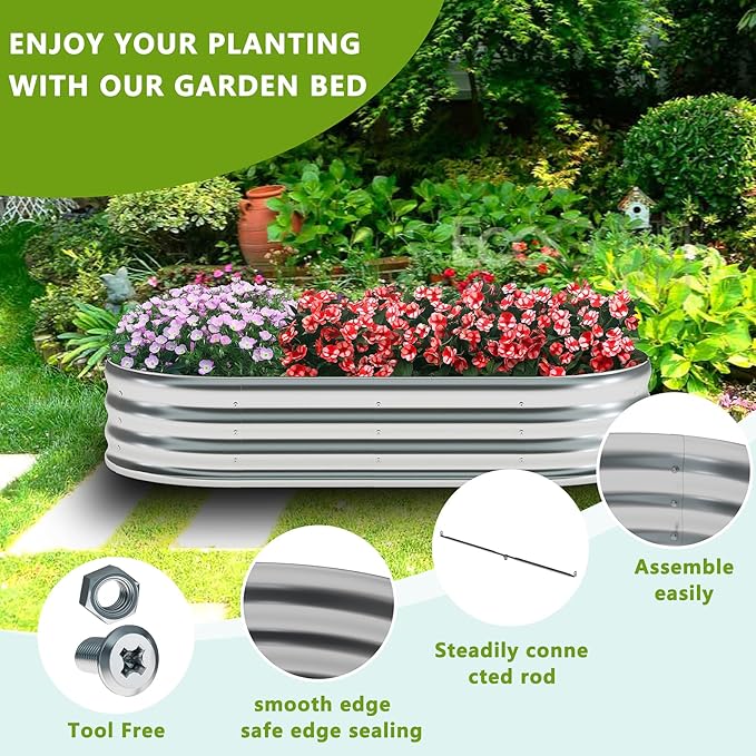 zizin Galvanized Raised Garden Bed Metal Oval Raised Garden Beds Outdoor Planter Box for Vegetables (8x2x1.3FT, Silver)