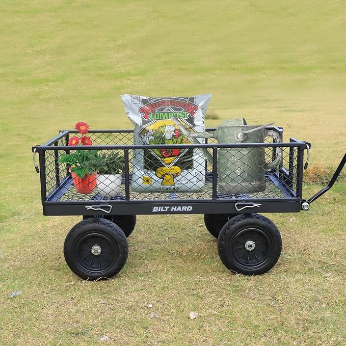 BILT HARD 10" Flat Free Tires Heavy Duty Garden Cart with 180° Rotating Handle and Removable Sides, 4 Cu.Ft 880 lbs Capacity Utility Steel Wagons for Outdoor, Yard