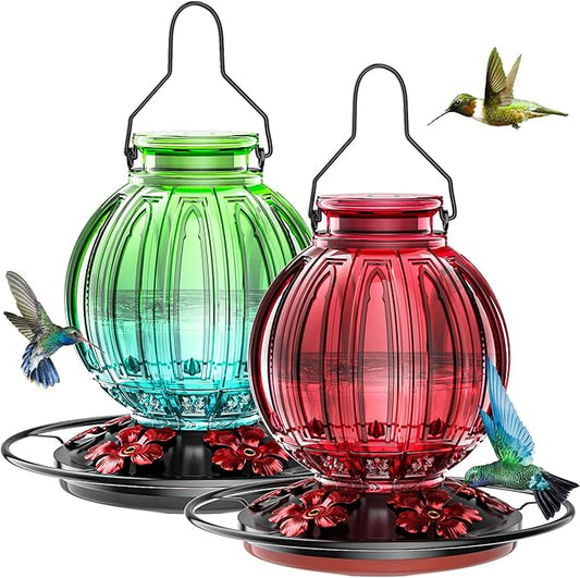 2 Pack Glass Hummingbird Feeder for Outdoors Hanging, Bird Nectar Feeder with Perch & 5 Flower Feeding Ports, 26 Oz Leak Proof for Outside Garden Decor Backyard, Gifts for Women Mom, Red & Green Blue