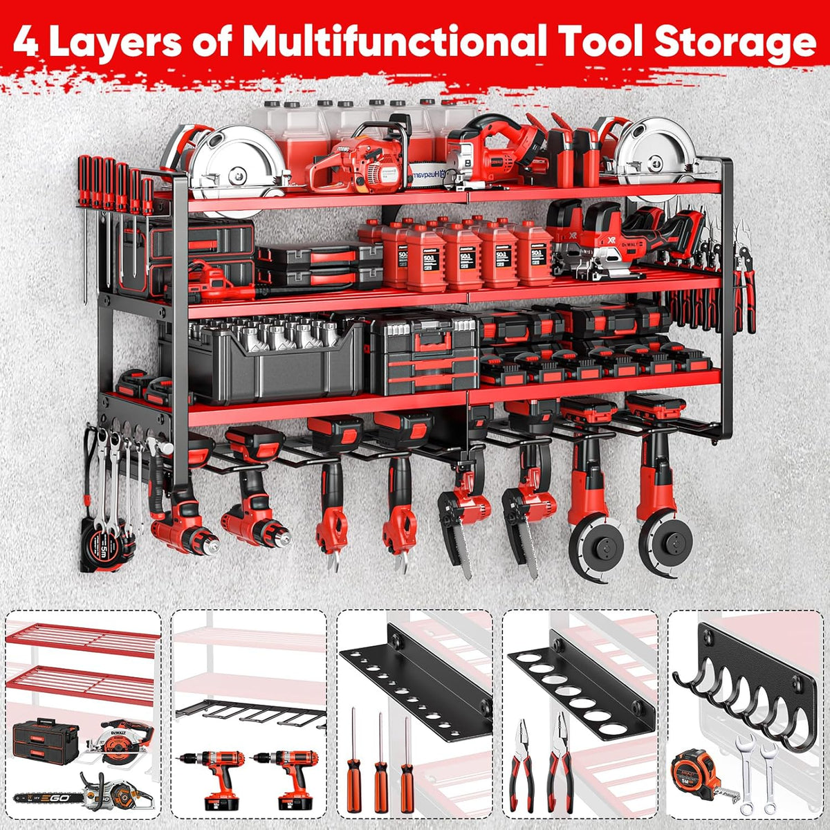 Upgrade Large power tool organizer Wall Mount,4 Layers Heavy Duty Metal Loads 400lbs Power Tool Hanger Shelf Battery Storage with 8 Cordless Drill Bit Holder,Utility Racks for Garage Tool Room