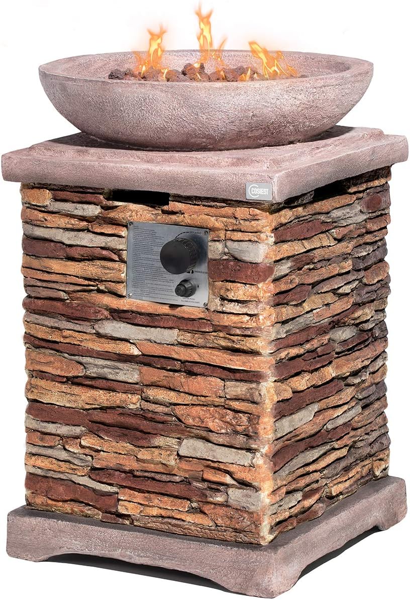 COSIEST Outdoor Propane Fire Pit Table w Faux Brown Compact Ledge Stone 20" Square Base and Faux Rose-Marble Round Bowl, CSA Certified, 40,000 BTU, Free Lava Rocks, Fits 20lb Tank Inside, Raincover