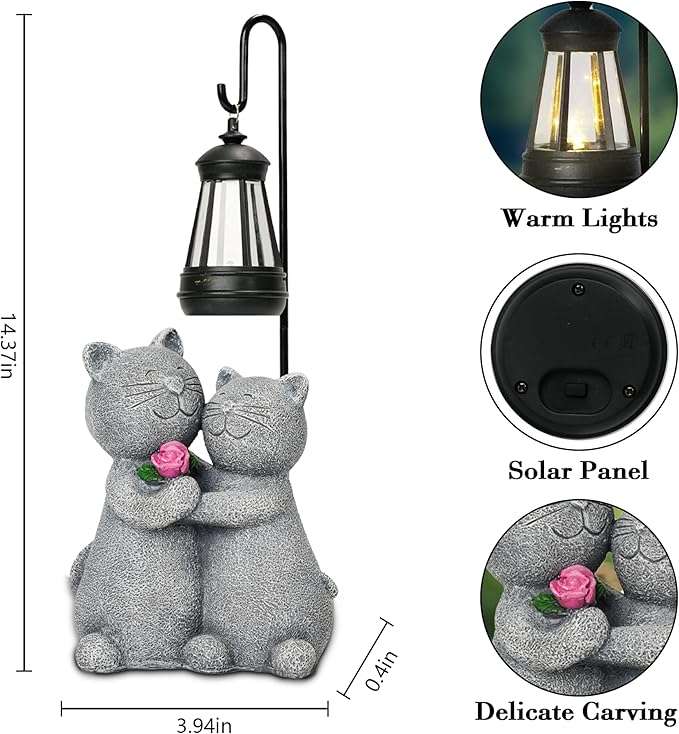 Cat Garden Statues with Solar Lantern Romantic Resin Kitty Couple Holding Rose Funny Cat Decor Gifts for Women Cats Figurines for Yard Lawn Porch Patio Decor