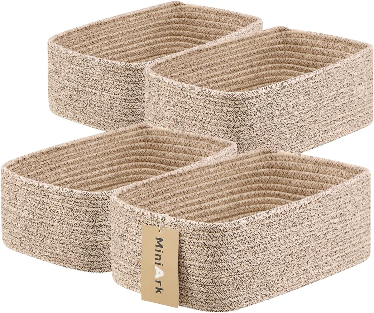 Small Storage Baskets for Organizing | Closet Organizer Bins | Shelf Toy Basket | Woven Rope Baskets | Cube Decorative Box | Shallow Basket | 11.5x7.5x4.7” | 4 Packs Mixed Brown