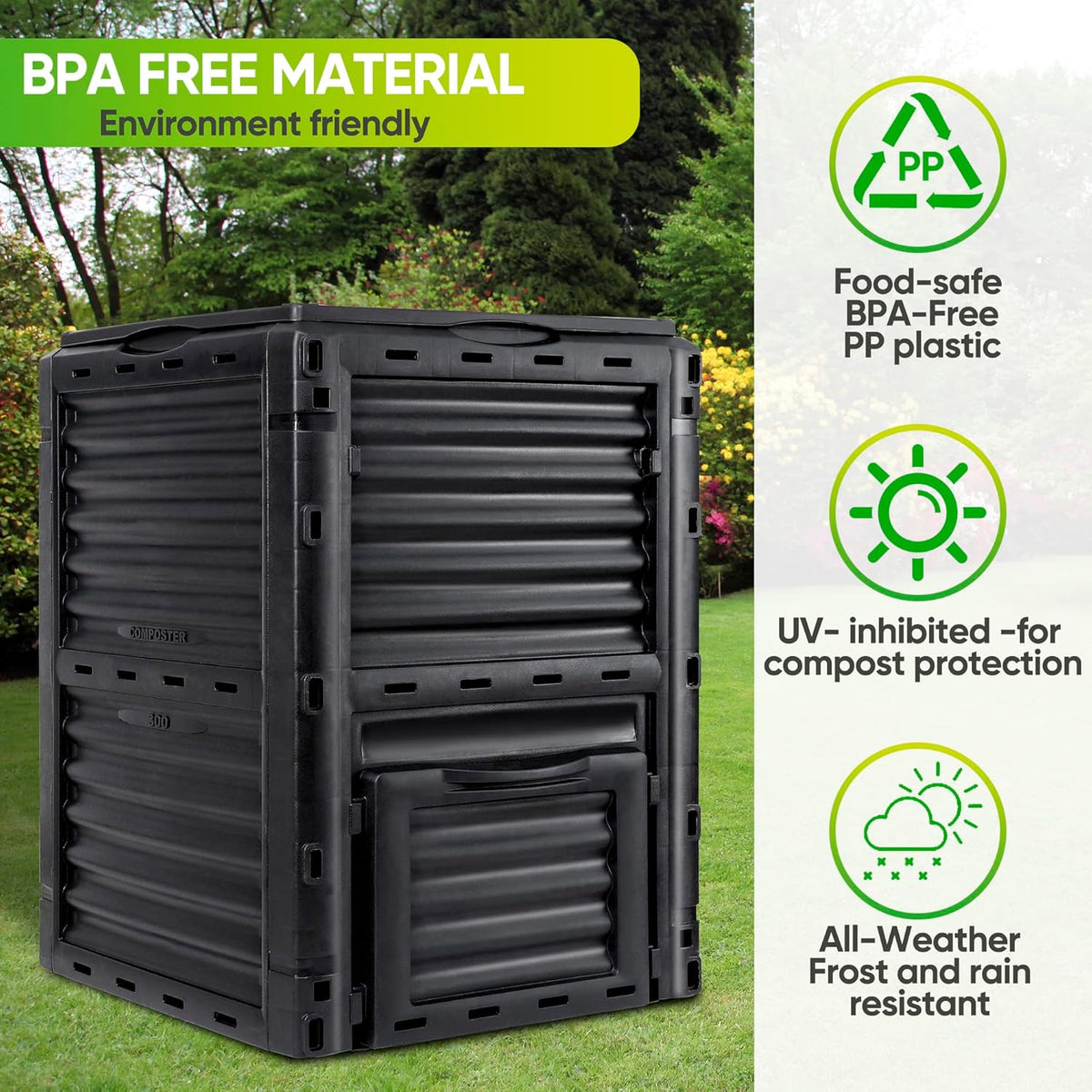 F2C Garden Compost Bin from BPA Free Material -80 Gallon(300 L) Large Compost Bin Aerating Outdoor Compost Box Easy Assembling, Lightweight, Fast Creation of Fertile Soil, Black