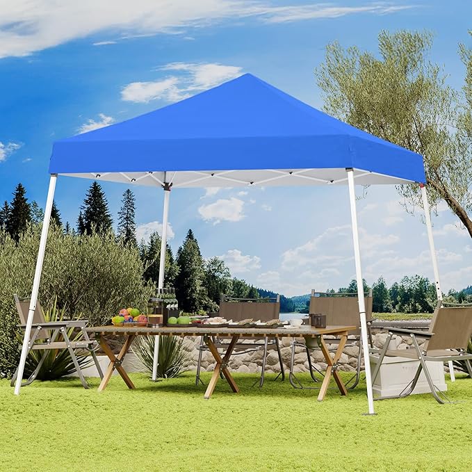 10x10 Pop Up Canopy, 300D Silver Coated Blue Fabric Outdoor Gazebo, Beach Tent Slant Legs with Storage Bag,Easy Up Sun Shade Shelter Tents with 8x8 Top Cover for Patio,Party
